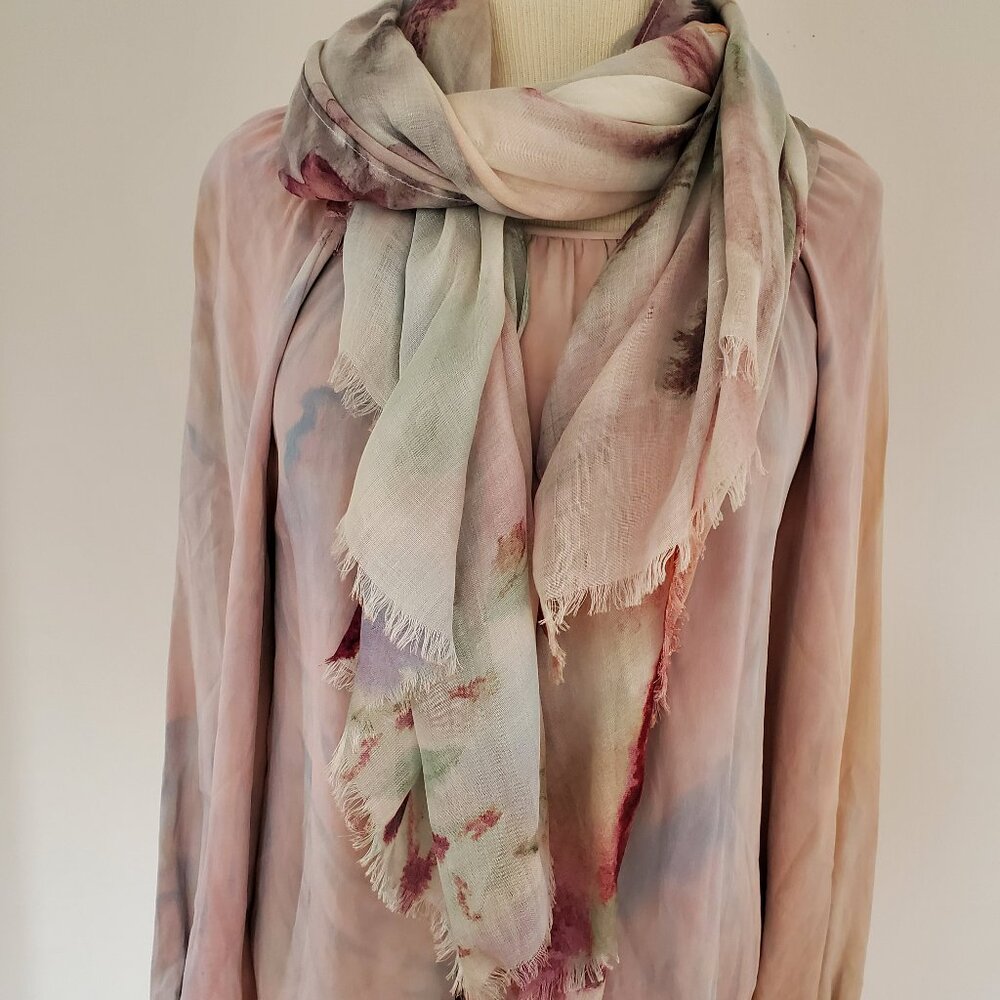 Theory silk blouse ruched poet shirt painted ballet pink blue purple peach Med